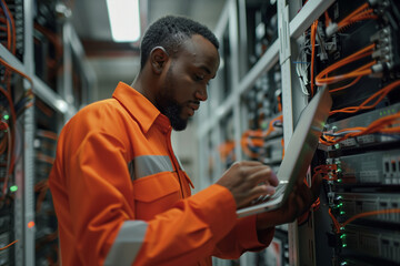 A man in an orange shirt is working on a laptop in a room full of wires. He is focused on his work and he is in a serious mood