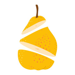 Cut yellow pear cartoon icon. Cross section of cut fresh, juicy yellow pear, slices fruit, Hand drawn trendy flat style isolated on transparent background Healthy vegetarian snack. Vector illustration