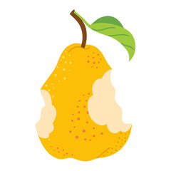 Ripe juicy bitten Pear with leaves. Yellow Pear eaten image art. Hand drawn trendy flat style isolated on transparent background. Healthy vegetarian snack for design. Vector illustration