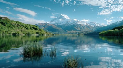 Tranquil lake with mountain backdrop featuring snow capped peak and reflection of nearby plants in the water