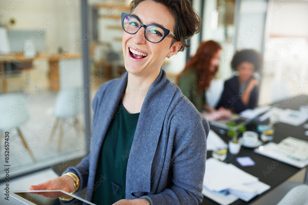 Wall mural Woman, tech and tablet in portrait with professional, web design and female person in office. Businessperson, online in career for creative job, internet research and technology in workplace