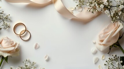 Top view of elegant wedding invitation card surrounded by rings, flowers, and ribbon on a white background. Perfect for wedding announcements. Copy space, 