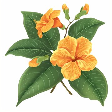 Vibrant Realistic Cartoon Cordia Subcordata Flowers with Green Leaves on White Background