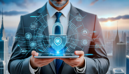 business professional using a laptop with a holographic interface displaying hacker in a dimly lit room with multiple monitors showing encrypted data and security alerts