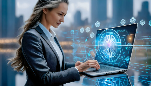 business professional using a laptop with a holographic interface displaying hacker in a dimly lit room with multiple monitors showing encrypted data and security alerts