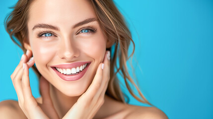 Fototapeta premium A close-up beautiful face of a woman with fair skin and a well-proportioned figure, She poses to showcase her smooth, clear, and radiant facial skin. The background is a bright cerulean blue