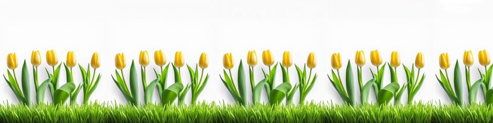 A row of yellow flowers with green leaves are in a field of grass