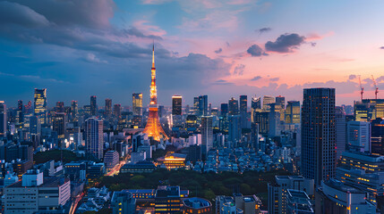 A panoramic view of Tokyo Tower and modern skyscrapers embodying Japans fusion of tradition and innovation.