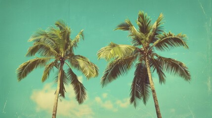 Vintage style depiction of two coconut palm trees against clear blue sky