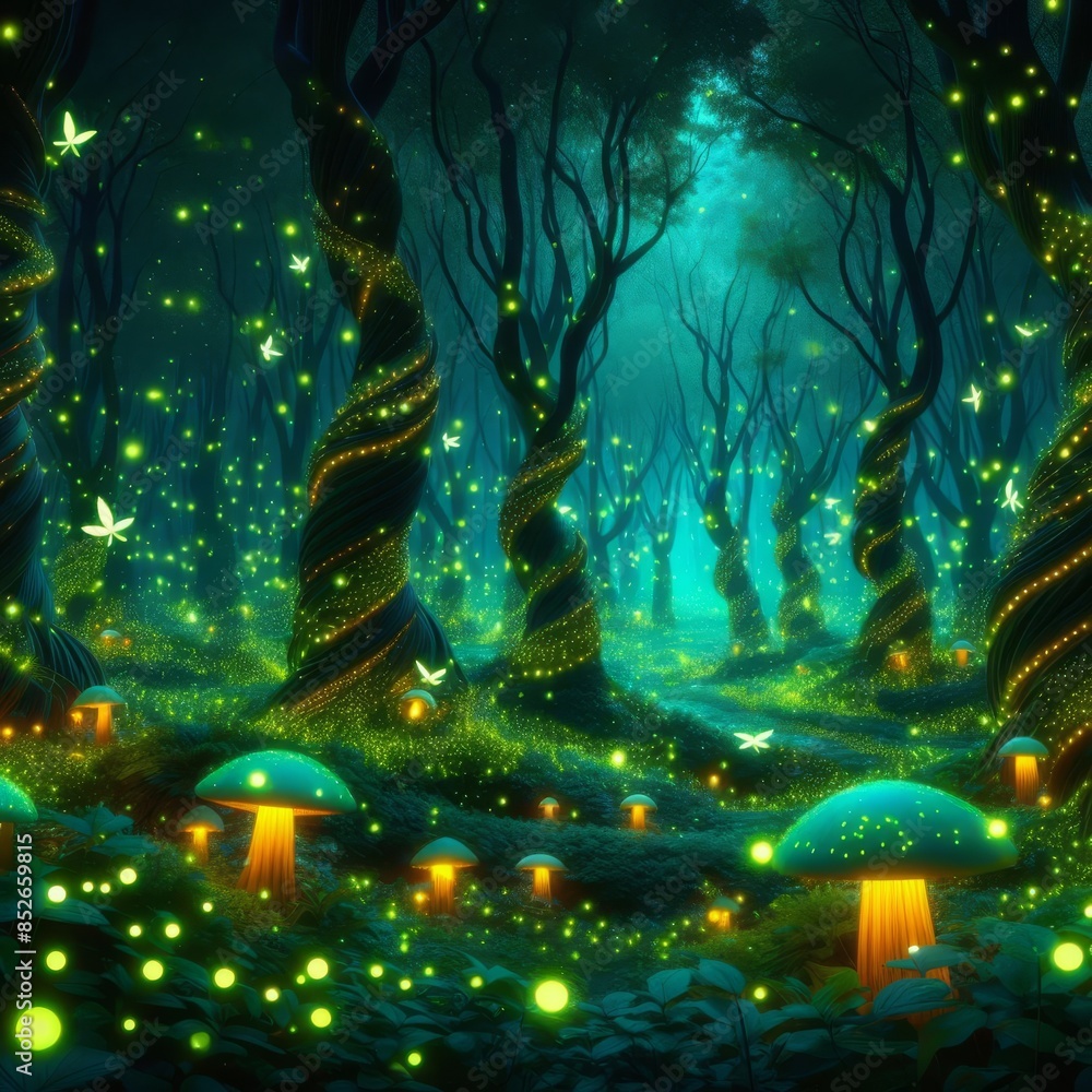 Poster a magical forest scene with glowing mushrooms and twinkling lights creating an enchanting and otherw