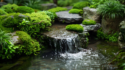A peaceful Zen garden with a flowing water feature and moss-covered rocks.
