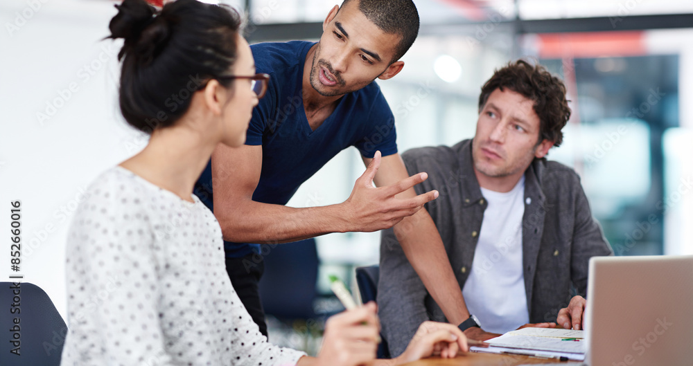 Poster business people, teamwork and planning in office with problem solving, solution and advice for start