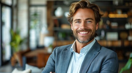 Fototapeta premium Confident Businessman in Professional Suit Smiling at Camera Against Minimalist White Background, Reflecting Success, Professionalism, and Approachability