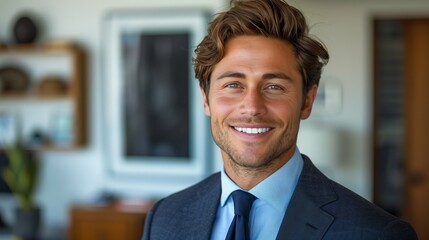 Confident Businessman in Professional Suit Smiling at Camera Against Minimalist White Background, Reflecting Success, Professionalism, and Approachability