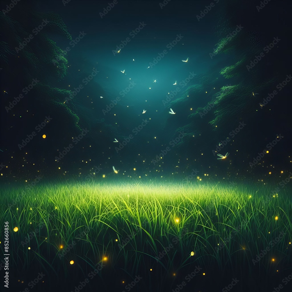 Poster mystical night scene in an enchanted forest with lush green grass and a swarm of glowing fireflies i