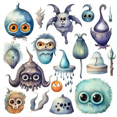 Playful watercolor showcasing charming Halloween creatures amidst eerie, festive decorations. Created using generative AI tools.