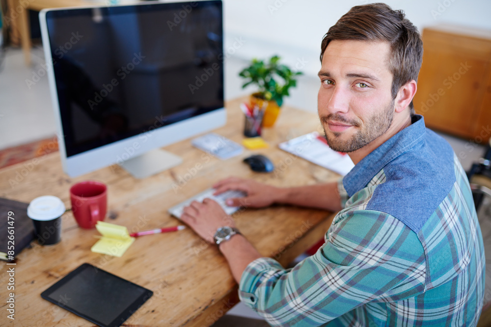 Poster Screen, portrait or man on computer for solution, problem solving or online firewall trouble shooting. Startup, cybersecurity upgrade or web developer typing for information technology or pc system