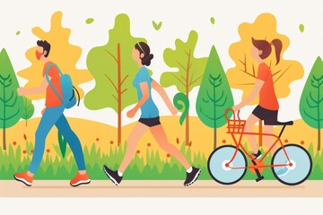 healthy lifestyle - people doing physical activity - jogging, walking, cycling in the park for health benefits