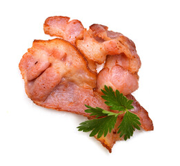 Stack cooked, crispy fried bacon isolated on a white background. Good for many health and cooking