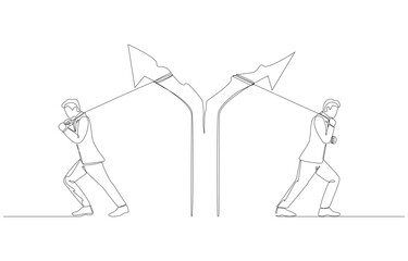 Continuous one line drawing of two businessmen pulling arrow to split in opposite directions, business breakup concept, single line art.
