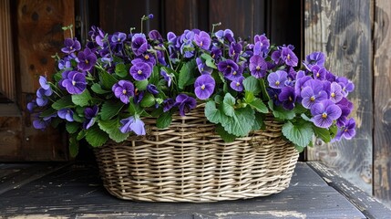 Violets arranged in a wicker basket as ornamental decor at the cafe entrance