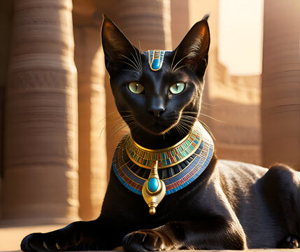 black egyptian Bastet cat laying against  temple  with columns and sun light. Egyptian goddess Bastet. Ai generated