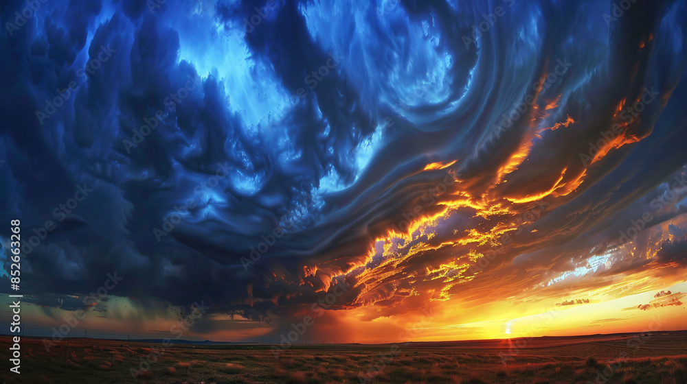 Aufkleber Panoramic view of a vibrant sunset sky with dynamic storm clouds over open fields