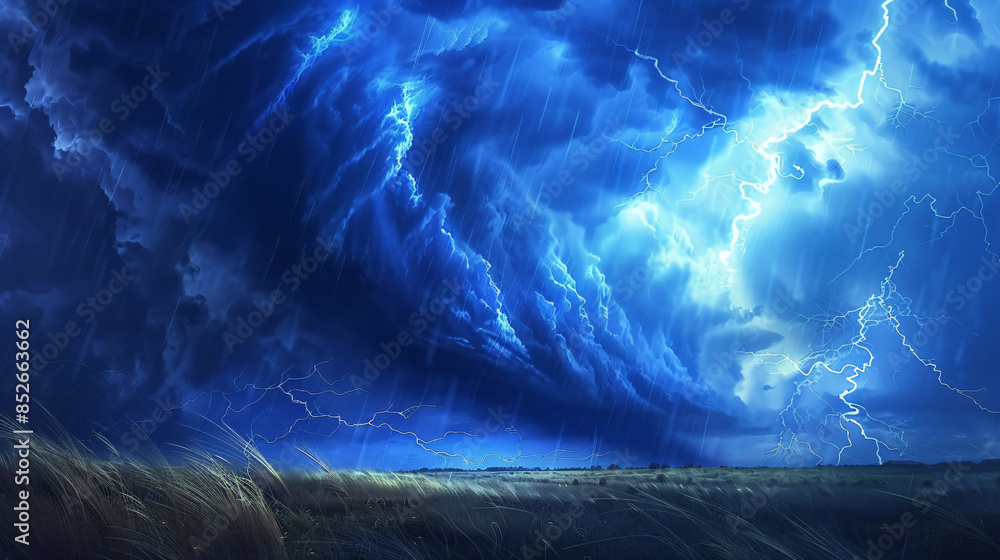 Poster majestic nighttime thunderstorm with vivid lightning strikes and dark clouds over a serene field