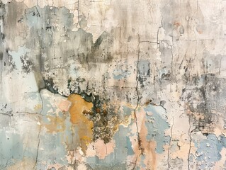 Close-up of a weathered and peeling concrete wall with a mix of beige, white, and black colors creating a textured, abstract pattern