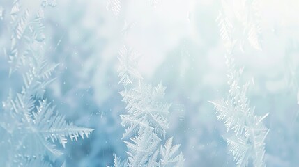 Obraz premium Close-up of a snowy window, frost crystals, soft daylight, detailed texture, high resolution, serene winter view. 