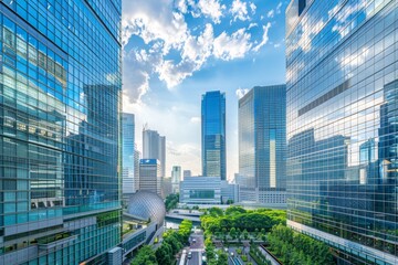 Obraz premium skyscraper buildings in business district downtown of a big city on sunny day