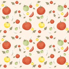 Sweet tomato watercolor hand drawn with tiny flower and leaf on beige background. Cute cartoon retro minimalist boho style design for fabric, clothing, ornament, embroidery, elements, printing