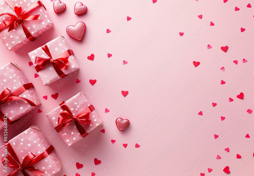 Wall mural Valentine's Day background with pink gift boxes and red hearts on pastel background 