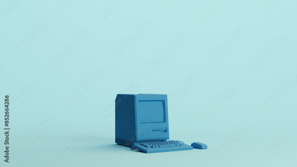 Poster blue computer vintage desktop keyboard technology monitor soft tones pale background right view 3d i