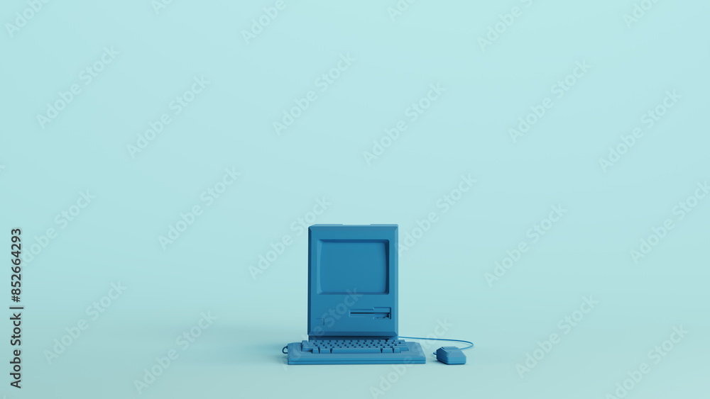 Poster blue computer vintage desktop keyboard technology monitor soft tones pale background front view 3d i