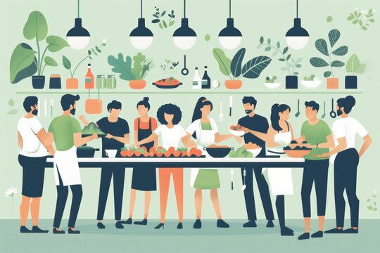 diverseyoung trendy people at culinary class flat illustration