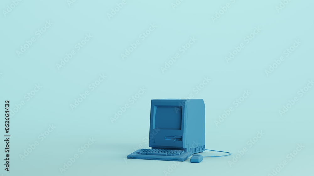 Poster blue computer vintage desktop keyboard technology monitor soft tones pale background left view 3d il