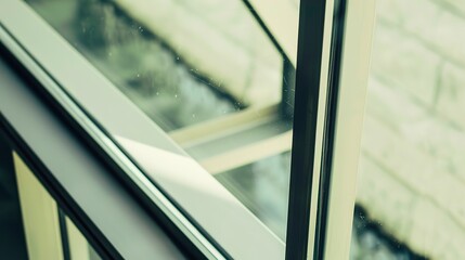 Fototapeta premium Modern casement window, close-up, slim metal frame, clear glass, natural light, detailed texture, macro focus, minimalist design. 