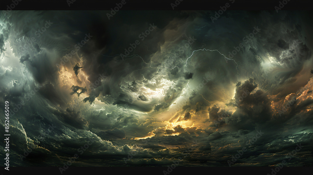 Poster majestic panoramic view of a thunderstorm with lightning and a vivid sunset