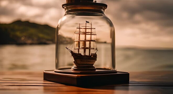 Ship in a bottle at sea.