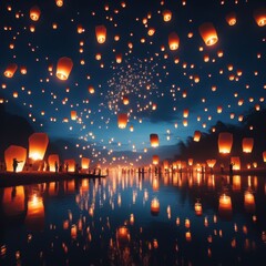 Obraz premium Stunning scene of numerous lanterns floating and illuminating the night sky over a calm body of water, creating a magical and serene atmosphere. Reflections enhance the beauty of the glowing lanterns