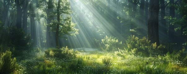 Obraz premium Forest glade with sunlight streaming through