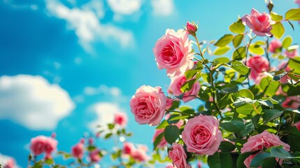 beautiful blooming pink rose garden againt the blue sky