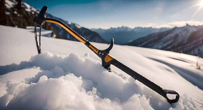 Ice ax Climbing in the mountains.