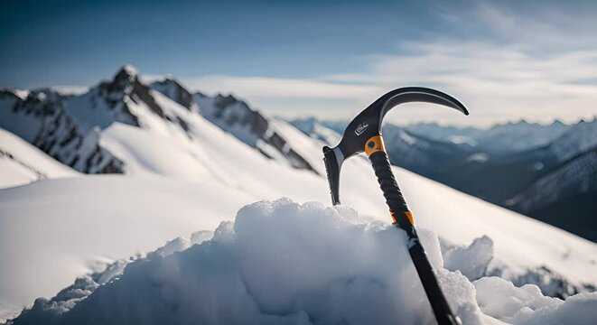 Ice ax Climbing in the mountains.