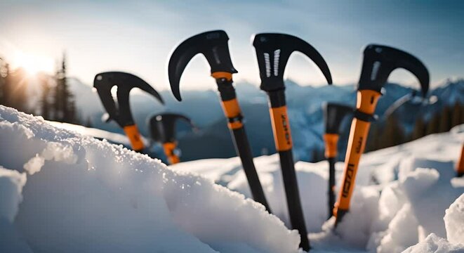 Ice ax Climbing in the mountains.