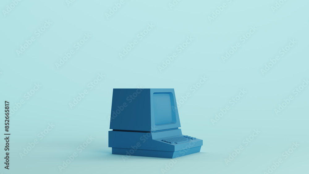 Poster blue computer vintage desktop keyboard technology monitor soft tones pale background right view 3d i