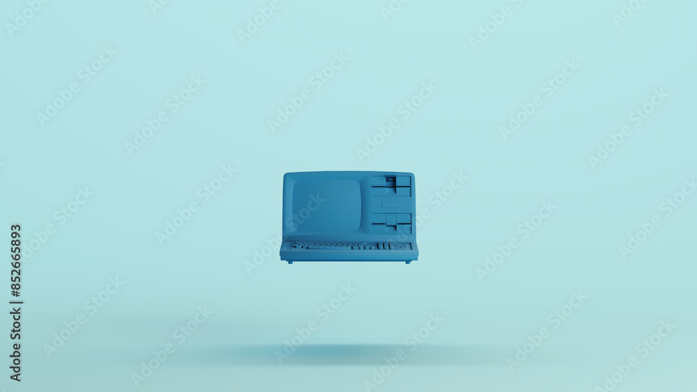 Poster blue computer vintage desktop keyboard technology monitor soft tones pale background front view 3d i