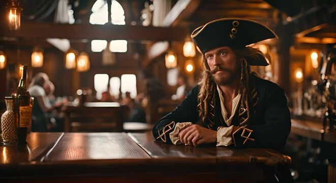 Pirate drinking rum in the tavern.
