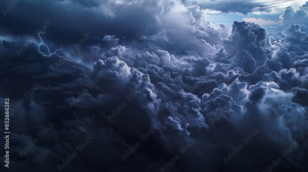 Poster aerial view of a dramatic thunderstorm with a vivid bolt of lightning illuminating dense clouds